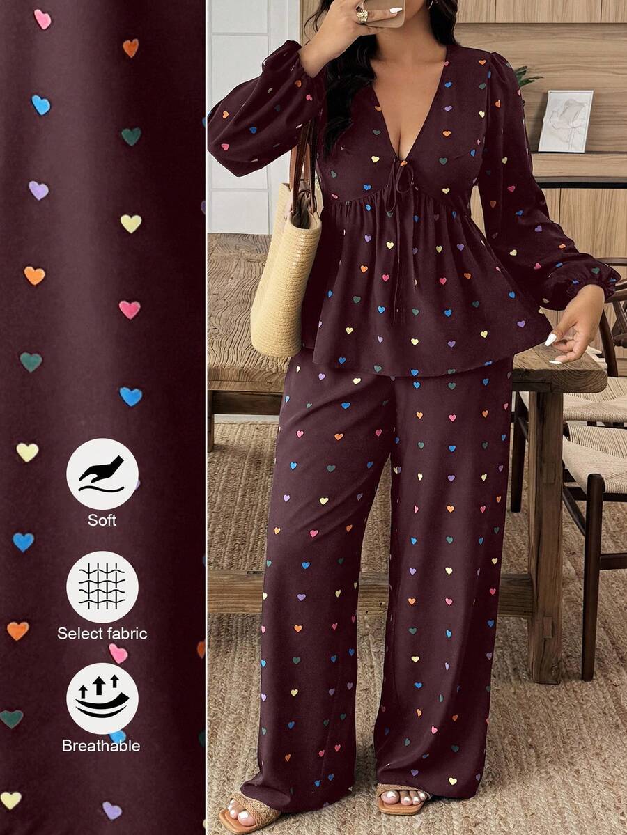 SHEIN LUNE Plus Size Heart Print Shirt And Pants 2 Pieces Set - Multicolor - View 1