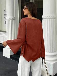EMERY ROSE Áo cánh trơn tay chuông công sở/thường ngày cho nữ - Gỗ đỏ - Xem 2