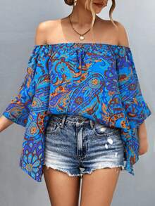 Breezaya Blusa de hombros descubiertos con estampado vintage para mujer - Azul - Ver 5