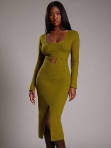 NYA SZN Đầm dài tay ôm sát bodycon dệt kim co giãn dệt kim mini xẻ tà cắt rời dệt kim gân dịp đặc biệt đám cưới khách hẹn hò ăn trưa quý tộc khiêm tốn thu đông thích hợp đi làm trang phục cho phụ nữ - màu xanh lá - Xem 4
