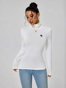 INAWLY Equestrian Print Turtleneck Slim Fit Long Sleeve T-Shirt - White - View 4