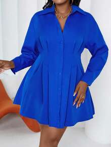 Maweii Plus Size Solid Color Turndown Collar Button Down Front Pleated Long Sleeve Dress Fall Cloth For Women - Royal Blue - View 5