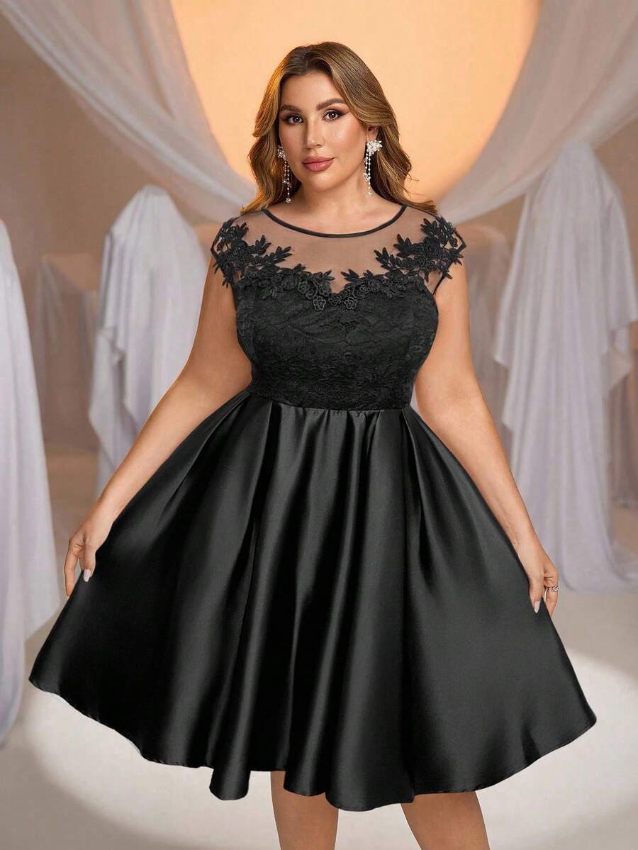 Glamrae Plus Size Elegant Black Collar Sheer Lace Applique Patchwork A-Line Wedding Dress, Bridal Gown For Gift & Ceremony