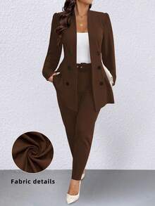 SHEIN Clasi Plus Size Casual Commuter Solid Color Jacket And Pants Suit - Coffee Brown - View 1