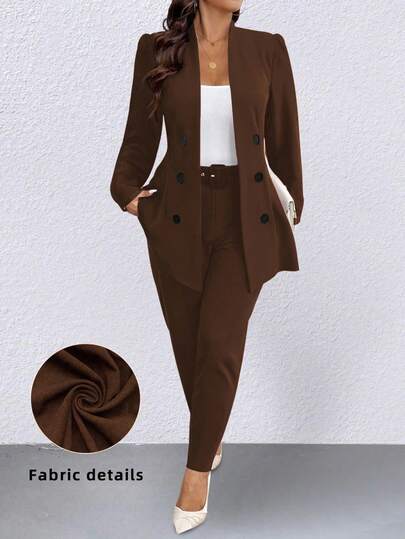 Elenzga Plus Size Casual Commuter Solid Color Jacket And Pants Suit
