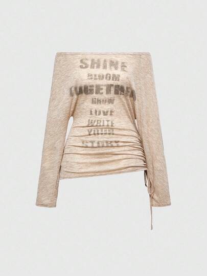 EDITION Cross & Letter Print Off Shoulder Long Sleeve T-Shirt For Women, Romantic Punk Style