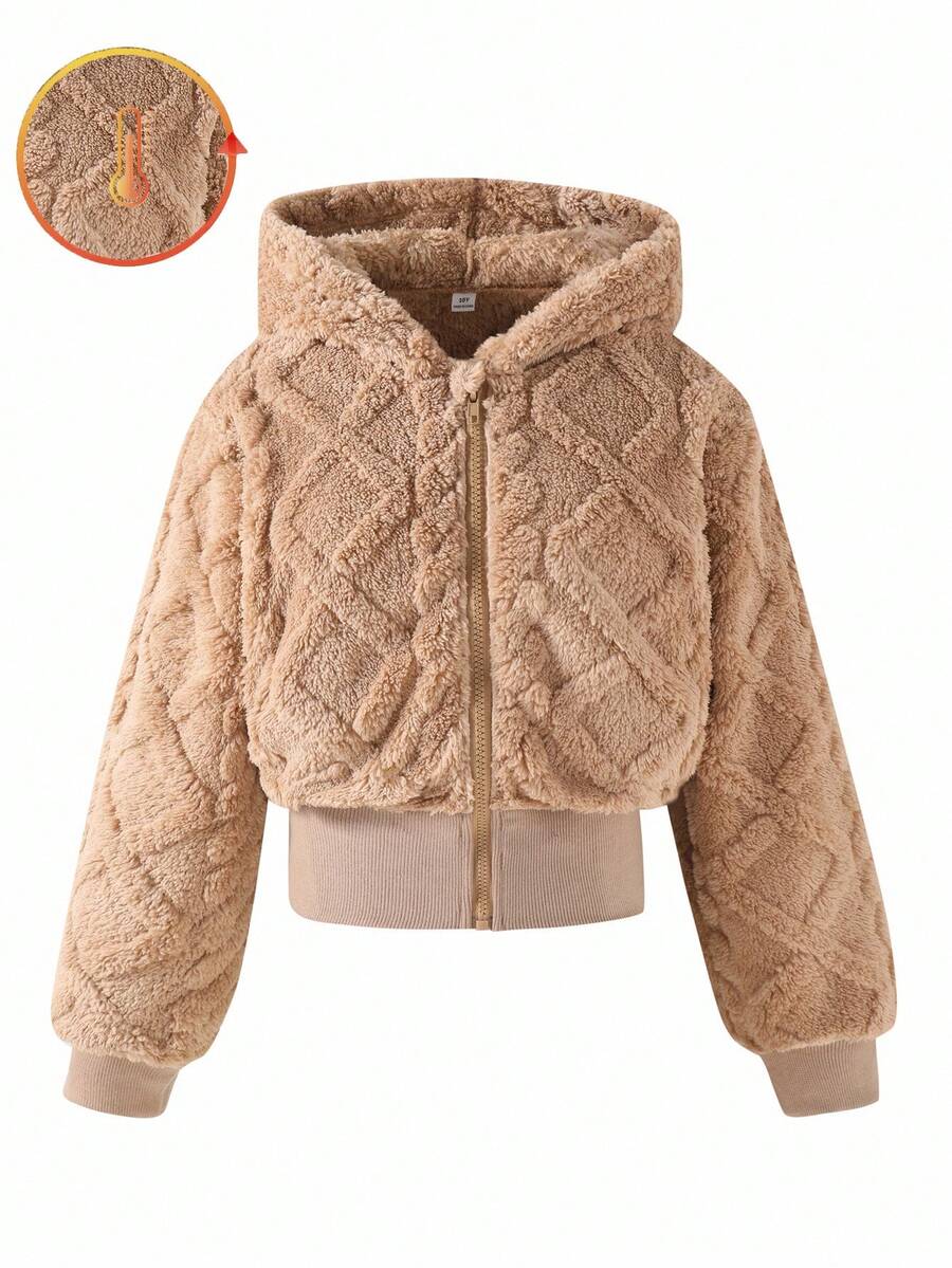 1 Áo khoác cardigan ngắn có mũ trùm đầu kéo khóa cho bé gái, vải dệt kim họa tiết, mùa thu - màu nâu - Xem 1