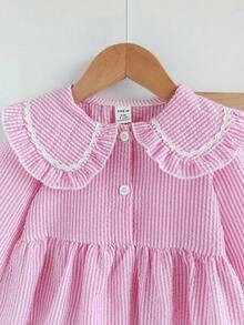 SHEIN Playful Pals 女宝宝荷叶边领条纹时尚可爱长袖T恤套装 - 粉色 - 查看 6