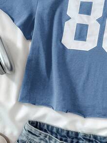 Áo thun ngắn tay in khẩu hiệu lệch vai màu xanh lam thường ngày cho bé gái, mùa xuân và mùa hè, mát mẻ, cơ bản, hàng ngày, đa năng, thời trang thể thao mùa hè, mùa tựu trường, đồng phục học sinh~ - Màu xanh lam - Xem 5