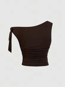 Sweetra Bộ váy hai mảnh tối giản không tay xếp ly eo kim loại màu nâu, trang trí vai bất đối xứng cỡ lớn - màu nâu - Xem 16