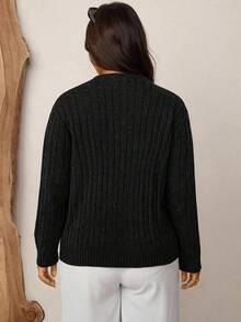 Zelara Plus Size Casual Versatile Embroidered Detail Sweater, Autumn/Winter - Black - View 2