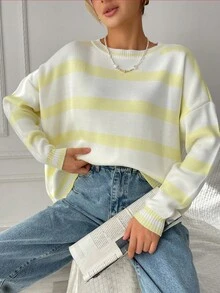 RueChic Striped Pattern Drop Shoulder Sweater