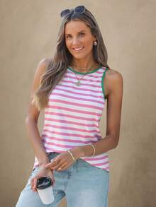 Wildy Top de tirantes con cuello redondo de patrón de rayas casual para mujer, adecuado para el verano - Multicolor - Ver 1
