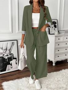 SHEIN Clasi Ensemble de costume 2 pièces femme, veste blazer à manches longues et pantalon de couleur unie, pour l'été - Militaire verte - Voir 3