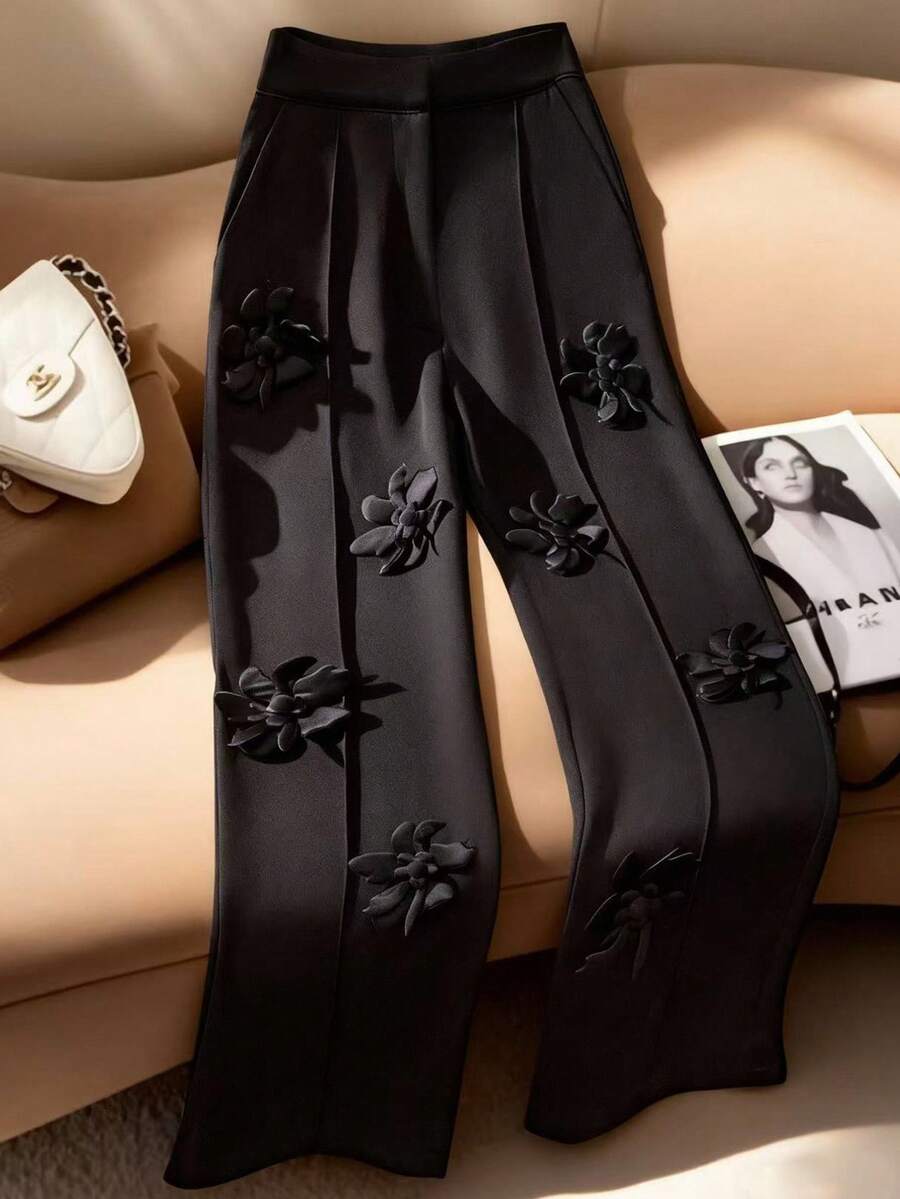 GlowEve Women's Elegant 3D Floral Solid Color Flare Pants - Black - View 1