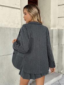 INAWLY Nuevo conjunto de traje de mujer de estilo académico elegante con mangas largas, de rayas, con pliegues y de corte holgado - Gris - Ver 2