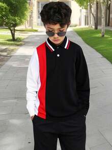 SHEIN 青少年男孩休闲拼色 Polo 衫，平领，适合秋季、春季、夏季、户外玩耍、学校、街头风格、派对和休闲 - 黑色 - 查看 5
