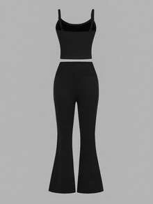 SHEIN EZwear Bộ áo hai dây buộc và quần màu đen tương phản, phù hợp cho mùa xuân/hè - màu đen - Xem 3