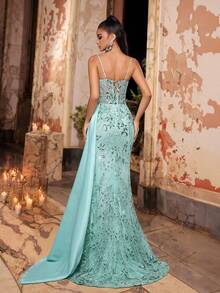 Glamrae Elegant Luxurious Beaded Embroidered Lace Sequin Floral Patchwork Satin Mermaid Skirt With Side Slit, Suitable For Wedding, Party, Prom, Vacation, Banquet (Heavy Embellishment) - Green - View 4