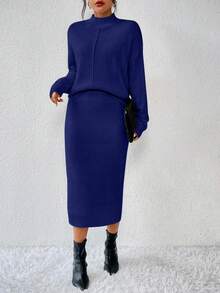 RosyDaze Women's Simple Casual Solid Color Knit 2 Pieces Dress Set - Blue - View 5