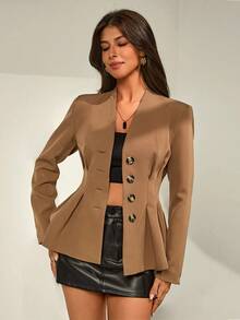 Chiquease Almamuse-D Khaki Vintage Waist Jacket, Collarless V-Neck Waist Design, Single-Breasted, Fashionable Retro Office Lady Blazer - Khaki - View 3