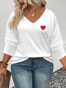 EMERY ROSE Women's Heart Print V-Neck Long Sleeve Plus Size T-Shirt, Popular For Autumn/Winter - White - View 3