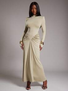NYA SZN Women's Sage Green Elegant Long Sleeve Mock Neck Fitted Bodycon Flowy Cinch Ruche Detail Maxi Dress For Wedding Guest,Autumn Event,Dining & Night Out - Green - View 1