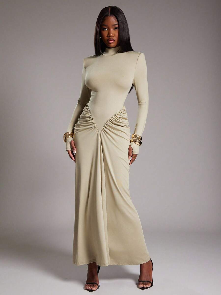 NYA SZN Women's Sage Green Elegant Long Sleeve Mock Neck Fitted Bodycon Flowy Cinch Ruche Detail Maxi Dress For Wedding Guest,Autumn Event,Dining & Night Out - Green - View 1