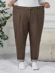 SHEIN CURVE+ 休闲时尚百搭简约纽扣口袋大码女式牛仔裤 - 棕色 - 查看 7