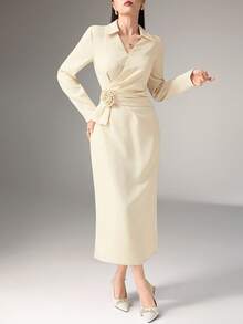 Heiryn Elegant V-Neck Ruched Collar Waist Pleated Floral Dress, Sophisticated Office Wear - Apricot - View 5