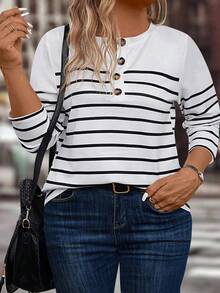 EMERY ROSE Camiseta de manga larga a rayas de talla grande, informal, para primavera/otoño