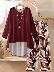 Rusticease 2pcs/Set Burgundy Women Loose Fit Round Neck Long Sleeve Top And Pants Set, Summer/Autumn - Multicolor - View 3