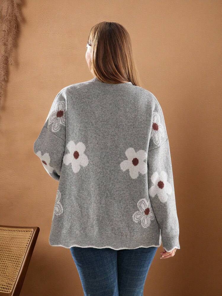 Plus Size Women Floral Pattern Drop Shoulder Long Sleeve Casual Knit Cardigan Plus Size Floral Cardigan Plus Size Grey Cardigan Curve Cardigan,Women's Chic Winter Sweater Fall