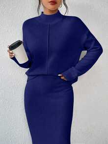 RosyDaze Women's Simple Casual Solid Color Knit 2 Pieces Dress Set - Blue - View 6