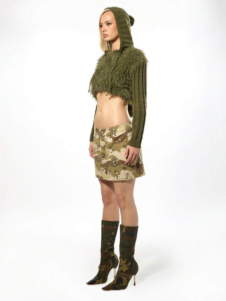 SUMWON WOMEN Distressed Denim Mini Skirt With Camo Print