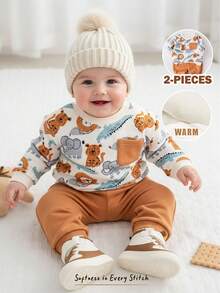 Cozy Pixies 2 件套男婴卡通动物印花针织柔软圆领长袖套头衫和松紧腰裤套装 - 棕色 - 查看 1