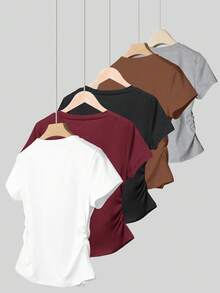 INAWLY 5件套女士休闲腰部褶皱短袖T恤，修身设计，白色、酒红色、黑色、咖啡色、浅灰色，适合日常穿着和户外穿着 - 彩色 - 查看 2