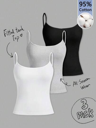 Tseoso Set da 3 canotte casual slim-fit da donna, 95% cotone, adatte per l'estate, vintage, top estivi carini, softgirl, articoli per uscite estive, casa, ritorno a scuola, abbigliamento autunnale da donna, versatili