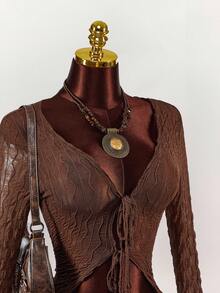 Amplova 90s Bell Sleeve Tie Front Textured Sheer Top - Chocolate Brown - View 6