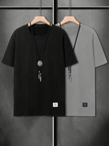Manfinity Homme 2 piezas Camisetas de manga corta casuales y holgadas, versátiles y sencillas para hombres - Negro - Ver 2