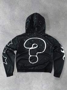 Manfinity EMRG 加大码男士极简印花长袖连帽卫衣，秋季水钻连帽衫，黑色图案连帽衫，男士街头风拉链Y2K拉链连帽衫，谁在乎，赚钱连帽衫 - 黑色 - 查看 2