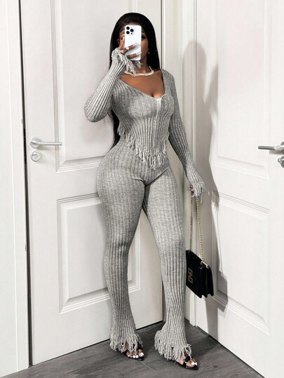 BamGleam 2pcs Women Autumn/Winter Zipper Tassel High Waist Sexy Knit Sweater Set