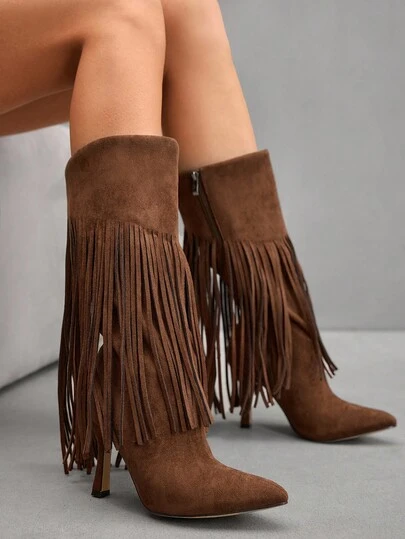 CUCCOO SZL 女士时尚尖头细高跟棕色流苏性感优雅过膝靴