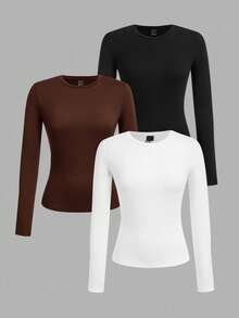 Tseoso Bộ 3 áo thun dài tay ôm dáng màu đen trắng, thích hợp cho mùa thu đông, 95% cotton - Nhiều màu - Xem 10