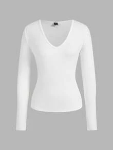 SHEIN EZwear 2pcs/Set Women Deep V-Neck Slim Fit Casual Long Sleeve T-Shirt Top Set, Suitable For Autumn/Winter - White - View 9