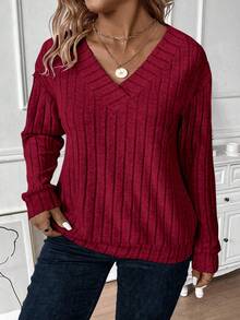 EMERY ROSE Plus Size V-Neck Casual Basic Fleece Ribbed Sweatshirt, Autumn/Winter - Red - View 3