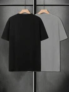 Manfinity Homme 2 piezas Camisetas de manga corta casuales y holgadas, versátiles y sencillas para hombres - Negro - Ver 5