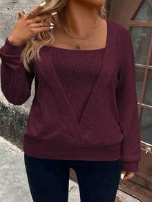 EMERY ROSE 女式柔软针织长袖休闲运动衫，加大码，秋冬 - 中紫紅色 - 查看 4