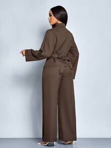 SOLERSUN Women's Elegant Commuting Coffee Tweed Wrap Blazer With Front Tie Back And Wide Leg Pants Suits Fall Cloth For Women - Coffee Brown - View 2