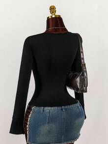 Amplova Top casual cu mânecă lungă pentru femei, culoare solidă, guler cu strasuri - Negru - Vizualizare 7